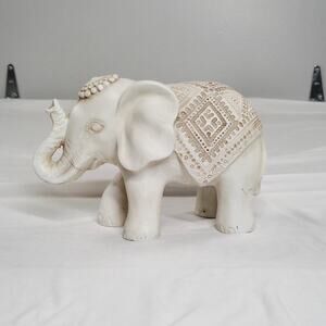 White Carved Elephant Statue Boho Tribal Decor Figurine 7” Shelf Art